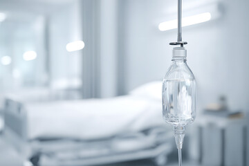 Saline container hanging in hospital steel column side of empty hospital beds for patients. Medical science. Copy space for text. Morning sunlight shines through window is blurred background. 
