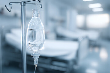 Saline bag hanging in hospital steel column side of empty hospital beds for patients with morning sunlight shines through window is blurred background. Copy space for text. Medical science.