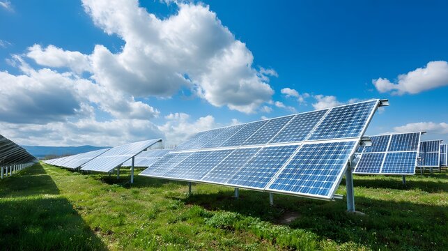 Multiple rows of photovoltaic panels capture sunlight in an open green field under a bright sky