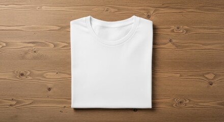 A neatly folded white t-shirt lies on a rustic wooden table