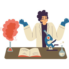 Scientist with Confused Expression Standing by a Table with a Microscope and Flasks Showing Chemical Reaction and Smoke Illustration on Transparent Background