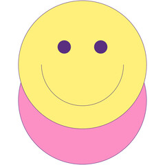 Simple yellow smiley face icon with purple eyes and pink lower half on a transparent background symbolizing happiness and positivity in graphic design
