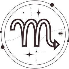 Scorpio Zodiac Constellation Symbol Outline Inside Circular Frame With Stars and Celestial Elements Minimalist Design