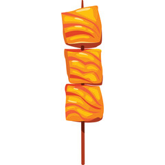 Salmon Skewer With Three Cubes Of Cooked Fish On A Stick Against A White Background