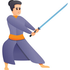 Samurai Warrior Holding Sword With Both Hands In A Fighting Stance Purple Kimono Orange Belt White Background Transparent Background