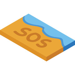 Sand Island SOS Message Floating on Water with Blue Waves and SOS Sign in Golden Yellow Sandy Beach with Transparent Background