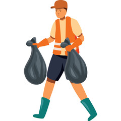 Sanitation Worker In Orange Vest And Cap Carries Two Black Trash Bags Wearing Blue Boots And Orange Gloves On Transparent Background