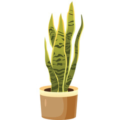 Sansevieria Trifasciata Plant in a Brown Pot with Yellow Trim on a Transparent Background Vibrant Green and Yellow Striped Leaves Evoking a Tropical Feel