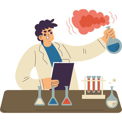 Scientist Holding Flask with Red Smoke and Test Tubes on Table in Laboratory Setting