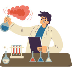 Scientist in Lab Coat Holding Flask with Red Smoke and Test Tubes on Table with Beakers of Liquid Examining Experiment in Laboratory Setting