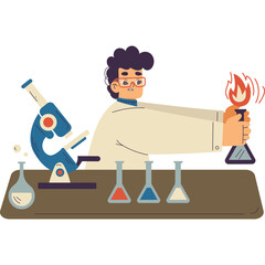 Scientist Conducting Chemical Experiment with Flame and Microscope in Laboratory Setting Flat Design