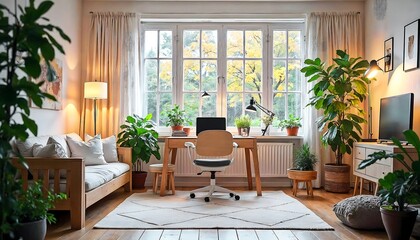 Fototapeta premium Stylish Home Office Interior Design with Plants and Natural Light for Remote Work