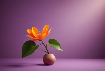Orange Flower in Small Clay Vase on Purple Background