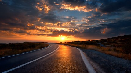 Naklejka premium Winding asphalt highway stretches towards a brilliant sun setting behind dramatic clouds