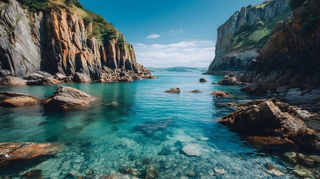 Towering coastal cliffs frame a brilliant turquoise cove under a clear blue sky