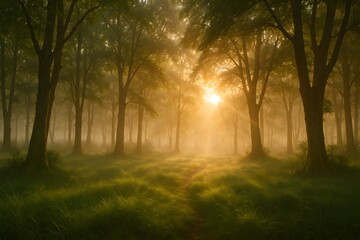 Naklejka premium Serene forest morning sunrise sunbeams nature tranquility peaceful landscape