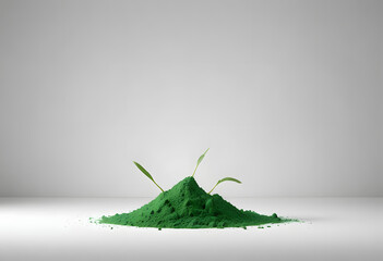 Green Plant Growing from Organic Powder Pile on White Background
