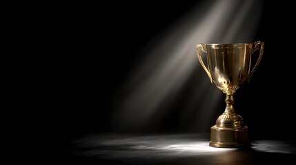 Ornate metallic cup rests on a stage illuminated by dramatic spotlight beams against a dark background