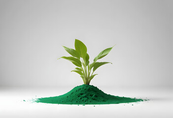 Green Plant Growing from Organic Powder Pile on White Background