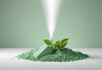 Green Plant Growing from Organic Powder Pile on White Background