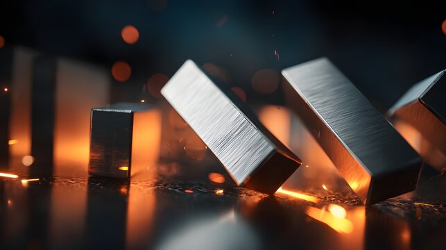 Brushed metal rectangular blocks cascade downward creating sparks against a dark, illuminated background