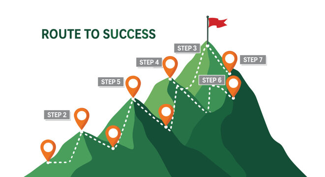 Route to Success: Climbing a Mountain for Goal Achievement with Map Pin Markers, Depicting Business Strategy and Career Path, Presenting Challenge and Progress in a Corporate Environment, Modern Visua