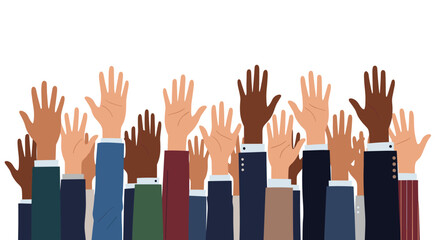 Diverse Group Raising Hands in Agreement at a Town Hall Meeting on Social Justice Issues, Showing Support and Solidarity, Promoting Unity and Equality, Multiracial Community, Vector Illustration, Busi