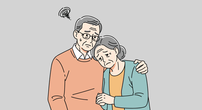 Upset Senior Couple Comforting Each Other Indoors, Showing Empathy and Support During a Difficult Time, with Worried Expression, Expressing Sadness and Loss, in a Minimalist Illustration Style for Soc