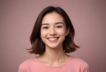 Portrait of Smiling Woman in Orange Shirt on Neutral Background