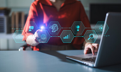 Woman hand with cupped hands under a glowing AI interface surrounded by futuristic tech icons....