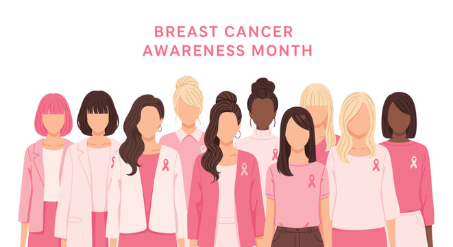 Diverse Group of Women Standing Together for Breast Cancer Awareness Month, Promoting Prevention and Support in Healthcare, a Symbol of Unity and Empowerment, Illustrated in a Modern, Clean Style for