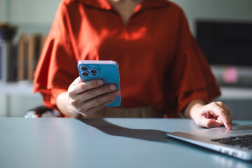 Businesswoman s hands typing on laptop keyboard in morning light computer, typing, online