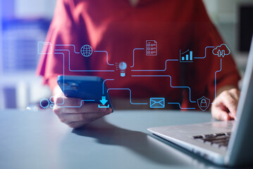 Businesswoman uses a tablet to analyze data on a virtual interface, symbolizing business innovation, technology, and global connection