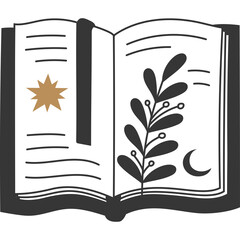 Open Book With Celestial Symbols And Botanical Illustrations In A Simple Line Art Style