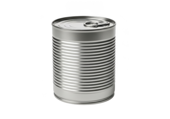 Shiny silver metal food can mockup, preserved goods packaging, realistic texture, grocery item, storage container, editable design asset isolated on transparent background