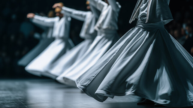Sufi whirling dervishes performing synchronized rotation on stage during Mevlana Festival sacred ceremony