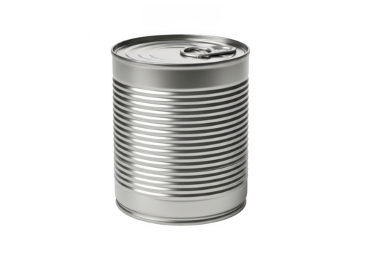 Shiny silver metal food can mockup, preserved goods packaging, realistic texture, grocery item, storage container, editable design asset isolated on transparent background