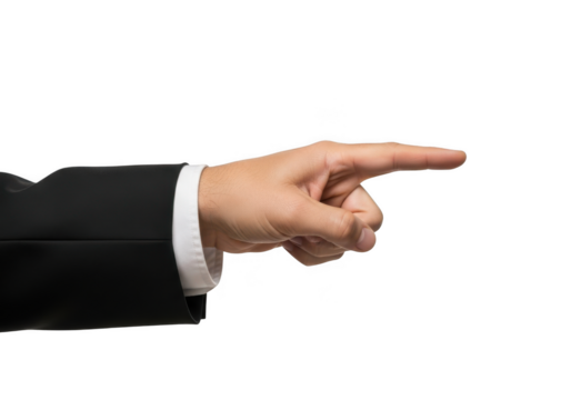 Pointing finger in suit jacket hand gesture business concept stock photo image asset mockup isolated on transparent background