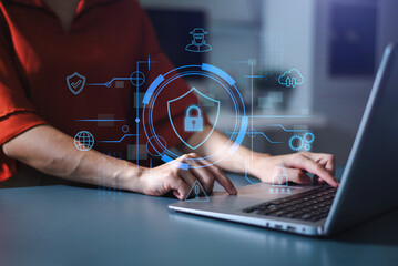 Woman holding smartphone with holographic lock and data network graphics. Concept of cybersecurity, privacy, mobile protection