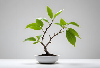 Small Bonsai Tree in White Pot on Gray Background