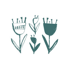 Hand drawn scandinavian flowers with simple stems and petals in rustic minimal style for home decor and packaging design