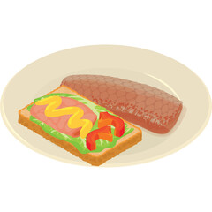 Open faced sandwich with meat and colorful toppings next to a sausage on a light tan plate against a transparent background