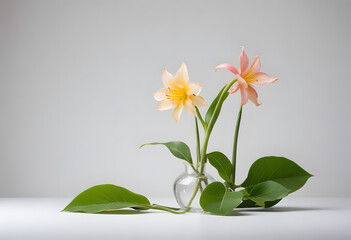 White Vase with Green Leaves and White Flowers on Gray Background