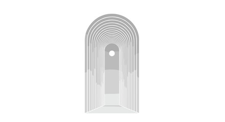 Abstract graphic of a hallway with repeating arches and a circular light at the end.