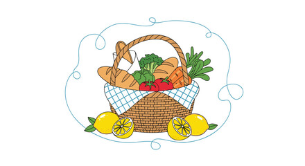 A charming illustration of a picnic basket overflowing with fresh bread, colorful vegetables, and lemons on a white background.
