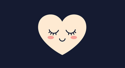 A cute, peachy heart with closed eyes and rosy cheeks smiles gently against a dark background.