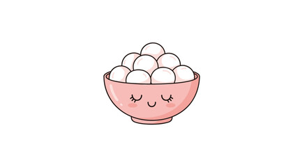 Cute kawaii pink bowl filled with white mochi balls with a happy face.