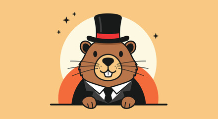 A cute cartoon groundhog wearing a top hat and suit, peeking over a ledge.