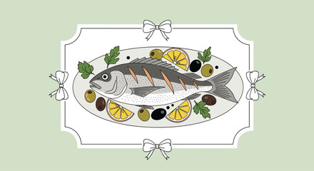Whole grilled fish on a platter with lemon slices, olives, and parsley sprigs.