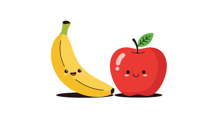 Cute cartoon banana and apple characters with happy faces side by side on a white background.